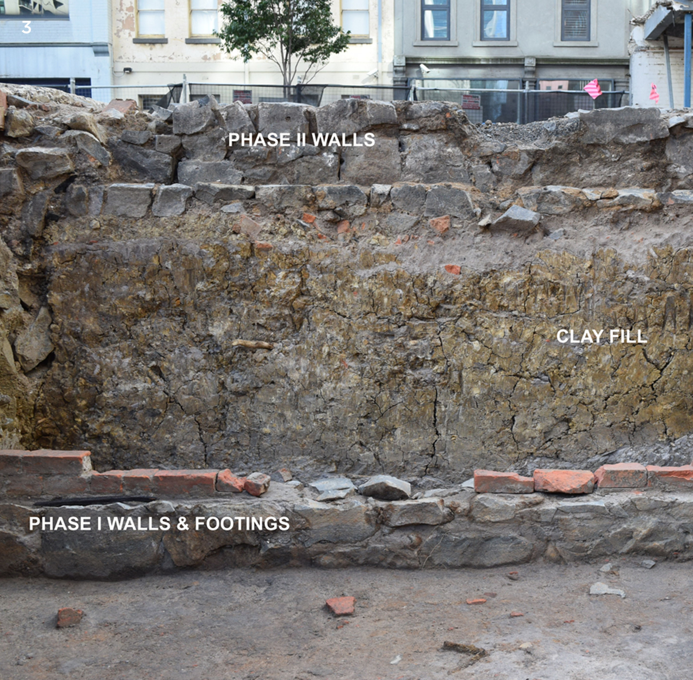 One metre thick layer of clay fill between the Phase I (pre-1854) and Phase II (1855-1900) walls of Residence 7, Jones Lane.