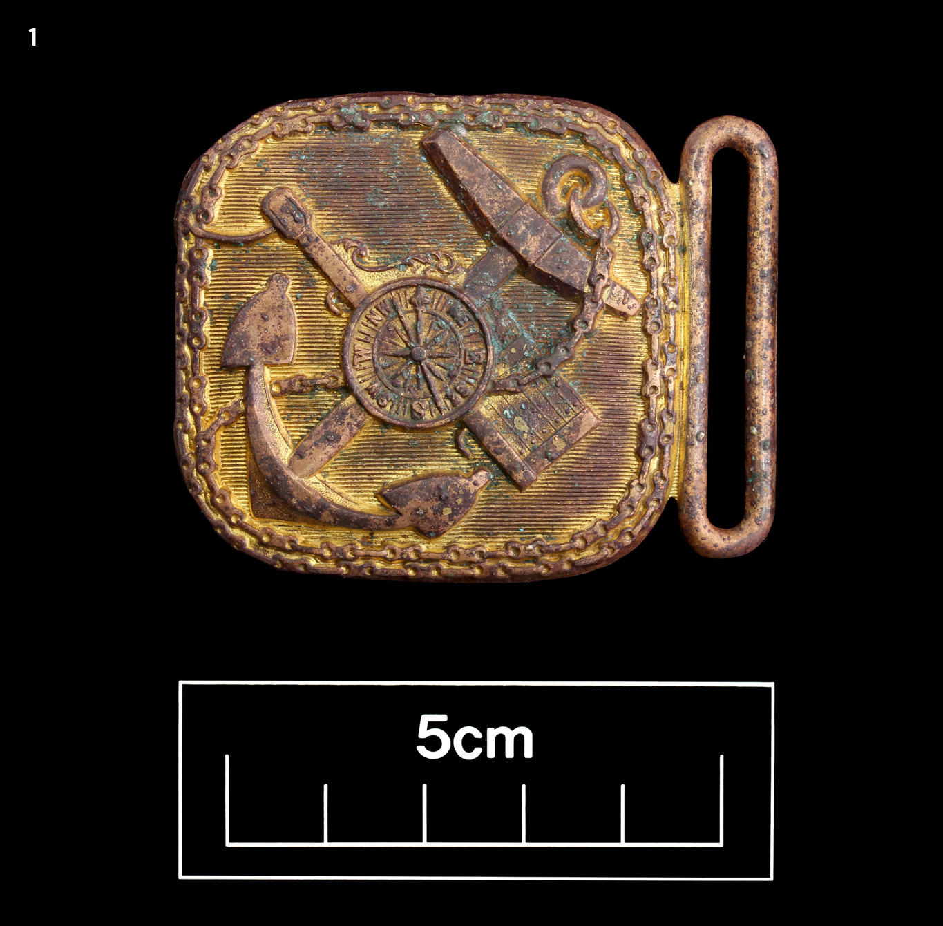 Mariner’s belt buckle, copper alloy, November 1858, Jones Lane.