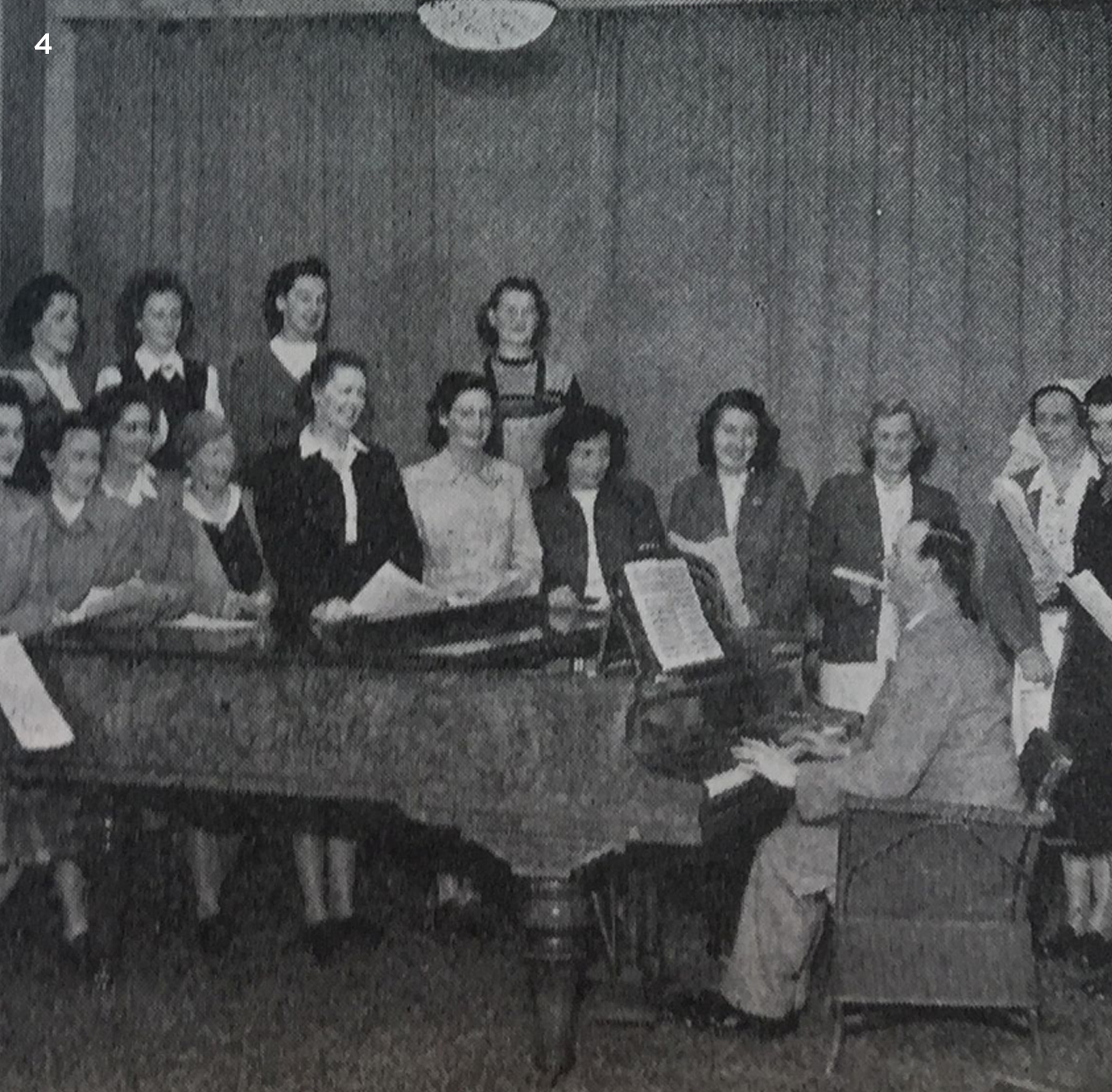 Group gathered around the piano for a singalong, 1947.